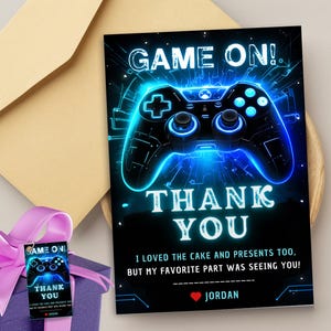 Carte de remerciement anniversaire fête de jeu vidéo, modèle Gamer Boy, fête d'arcade, thème du jeu vidéo, fête d'anniversaire, jeu de néon, carte de fête
