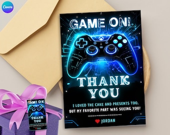 Video Game Party Level Up Birthday thank you card Gamer Boy Template Arcade Party Video Game theme Birthday Party Neon Glow Game Party card