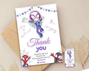 Gwen Birthday thank you card Gwen thank you Card Gwen Ghost Spider Birthday party favor Gwen Spider Man thank you gift Amazing Friends Twins