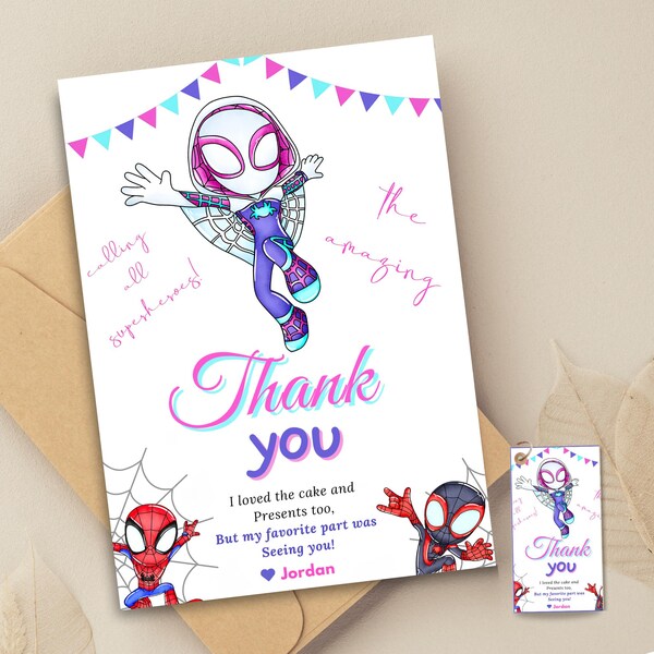 Gwen Birthday thank you card Gwen thank you Card Gwen Ghost Spider Birthday party favor Gwen Spider Man thank you gift Amazing Friends Twins