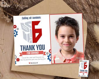 Transformers Thank You Card With Photo 6th Transformers Birthday Boy Printable Autobot Birthday Party Favor Tag | Digital Download Template