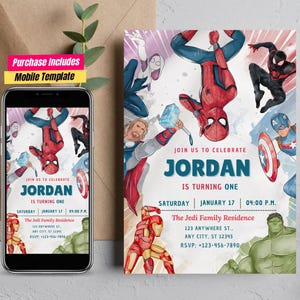 Avengers theme Spiderman Captain america Ironman Hulk Thor Birthday Superhero Birthday invite Avengers Party super hero birthday invitation