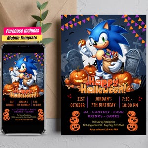 Carte d'anniversaire Sonic Halloween carte d'anniversaire Sonic le hérisson Invitation d'anniversaire Halloween sur le thème Sonic, fête à thème du jeu vidéo sonic