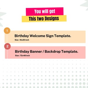 Puede incluir: Una ilustraci&oacute;n digital de dos plantillas de carteles para fiestas de cumplea&ntilde;os. La primera plantilla es un cartel de bienvenida con el texto "Birthday Welcome Sign Template" y el tama&ntilde;o "16x20 pulgadas". La segunda plantilla es una pancarta o tel&oacute;n de fondo con el texto "Birthday Banner / Backdrop Template" y el tama&ntilde;o "72x48 pulgadas".