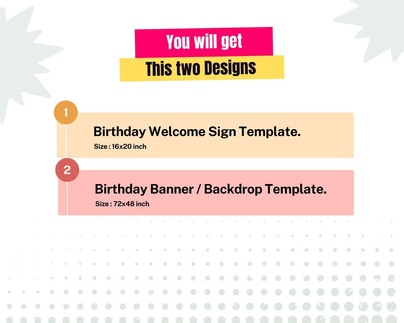 Puede incluir: Una ilustraci&oacute;n digital de dos plantillas de carteles para fiestas de cumplea&ntilde;os. La primera plantilla es un cartel de bienvenida con el texto "Birthday Welcome Sign Template" y el tama&ntilde;o "16x20 pulgadas". La segunda plantilla es una pancarta o tel&oacute;n de fondo con el texto "Birthday Banner / Backdrop Template" y el tama&ntilde;o "72x48 pulgadas".