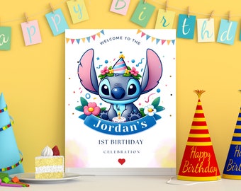 Stitch personalizado, sinal de boas-vindas ao mundo, modelo editável, cartaz de aniversário de boas-vindas, download digital, sinal de festa de boas-vindas