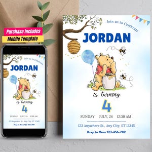 Editable Winnie the Pooh Birthday Invitation, Winnie Pooh Invitation Classic Pooh Birthday Invite Winnie Birthday Pooh Kids Birthday card