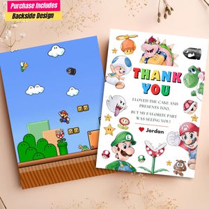 Super Mario Dankeskarte Druckbare Mario Geburtstags-Dankeschön-Notiz Bearbeitbare Mario Bros-Vorlage Videospiel Party Favor Mario & Luigi Geschenk
