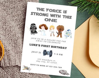 Minimal Star Wars Birthday Invitation with the force is strong with this one Star Wars theme birthday invite Star Wars first Birthday Invite