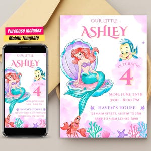 Editable Watercolor Little Mermaid Birthday Invitation Ariel Birthday Invitation Template Princess Ariel Invitation Little Mermaid Ariel pic