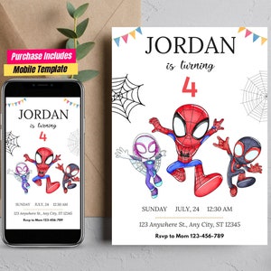Invitación de cumpleaños de Spidey Fiesta de cumpleaños de Spiderman Spidey y sus increíbles amigos, nacimiento de Spidey Tarjetas de agradecimiento digitales Spidey gracias