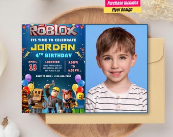 写真付きRobloxパーティー招待状、Roblox誕生日写真招待状、Roblox招待状、ビデオゲームRoblox招待状、子供向けRoblox Eviteゲーマーカード