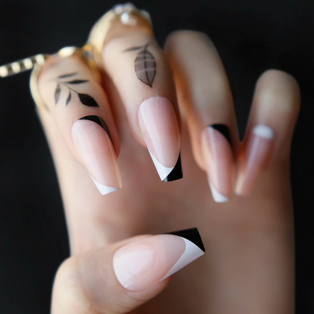 Coffin Nude Nails/french Black Outline White Fake Nails/ballet - Etsy
