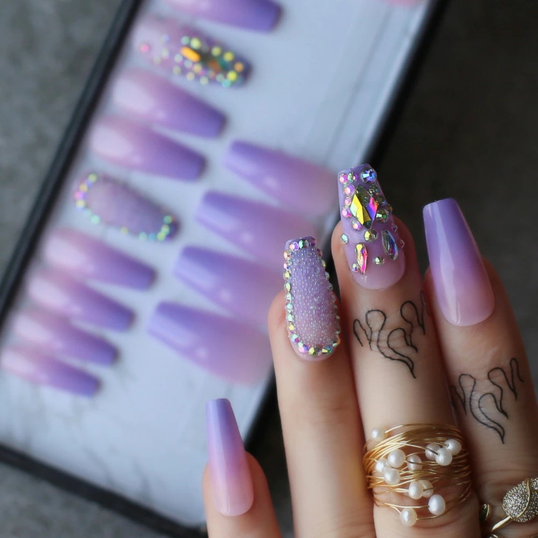 Ombre Luxury Coffin False Nails/purple Lavender/crystal Design - Etsy