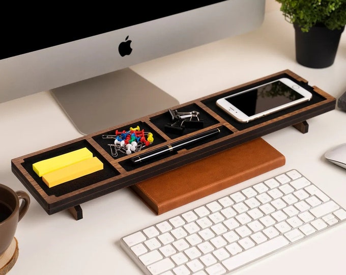 Wooden Desktop Organizer Office Desk Organizer Pen Holder Phone Charging Stand Walnut