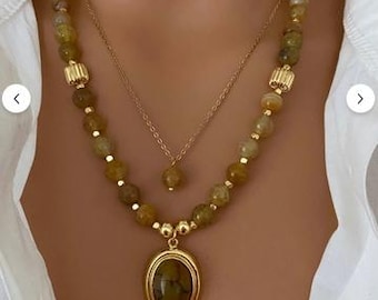 Colliers superposés avec pendentif en pierre d'agate naturelle, chaîne en acier plaqué or