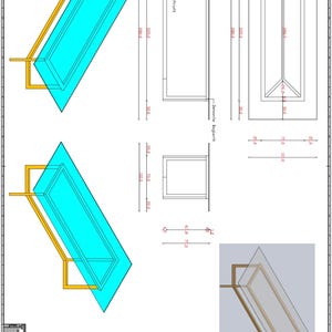 May include: Architectural drawing with multiple views of a rectangular structure with a blue interior and yellow supports. Dimensions are provided in centimeters, including a 280 cm x 110 cm overall size.