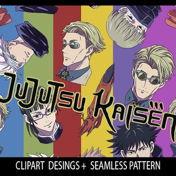 Dessins animés Jujutsu Kaisen 3 dessins clipart png et modèle sans couture pour journal de scrapbooking papier numérique sublimation de tissu NO AI