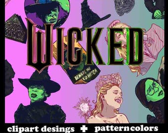 Wicked Movie Clipart, Glinda Elphaba PNG, Hand Drawn Witch Art