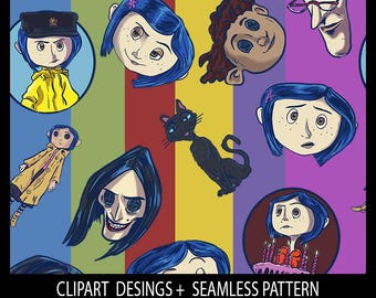 Coraline clipart png designs and Seamless pattern  for fabric sublimation digital paper scrapbook journal surface design wallpaper