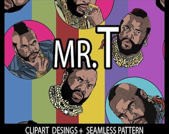 Mr.T clipart png designs and Seamless pattern  for fabric sublimation digital paper scrapbook journal surface design wallpaper