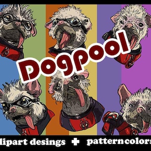 May include: Five cartoon pug dogs with a Deadpool-inspired design. Each dog is wearing a red and black costume with a white skull and crossbones symbol. The text "Dogpool" is written in a red, white, and black font across the top of the image.