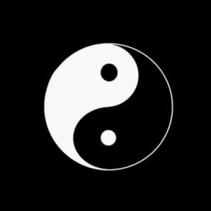 May include: Black flag with a white Yin and Yang symbol. The symbol is centrally placed, with a white pole sleeve on the left. The Yin and Yang symbol represents balance and harmony, a symbol of Taoism.