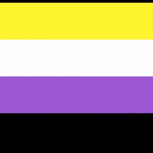 May include: A rectangular flag featuring horizontal stripes in yellow, white, purple, and black. The flag is attached to a white pole on the left, with eyelets at the top and bottom for hanging.