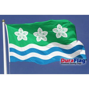 May include: A rectangular flag attached to a white pole, featuring a green upper section with three white stylized flowers arranged horizontally. The lower section displays alternating horizontal wavy blue and white stripes. The text DuraFlag Premium Quality Flags is printed in the bottom right corner.