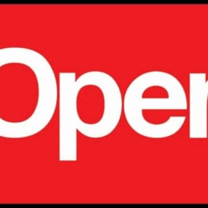 May include: A red rectangular flag displaying the word "Open" in large, white, bold lettering. The flag has a white border on the left side with two eyelets for hanging.