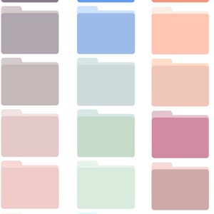 Op de afbeelding: Een set van 18 digitale map-iconen in verschillende pastelkleuren, waaronder grijs, blauw, oranje, roze, groen en beige.