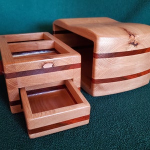 Oak and Padauk Wood Box with Drawer, and a Secret Compartment