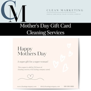 Tarjeta de regalo personalizable del Día de la Madre de la empresa de limpieza, plantilla de tarjeta de regalo del servicio de limpieza, regalo del Día de la Madre para las empleadas de la empresa de limpieza