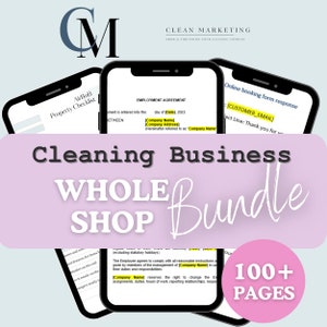 May include: A pink and yellow graphic with the text "Cleaning Business Whole Shop Bundle" and "100+ Pages". The graphic features three screenshots of documents, including an employment agreement, a property checklist, and an online booking form response.