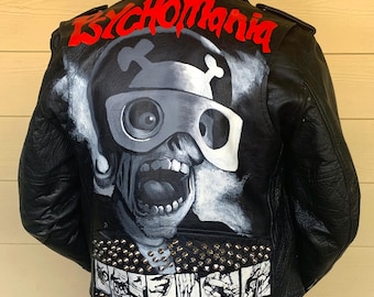 Leather Biker Jacket, Custom Painted Horror, Psychomania, Men's  S / Unisex