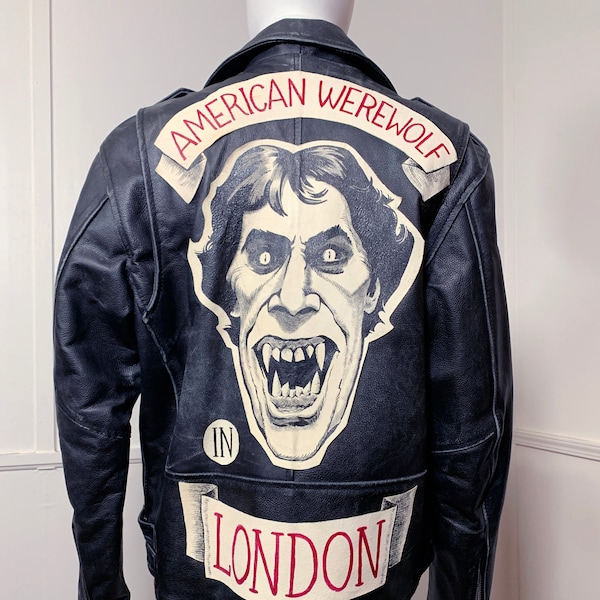 American Werewolf in London Custom Biker Moto Jacket, Hand-painted, Authentic Leather with patches