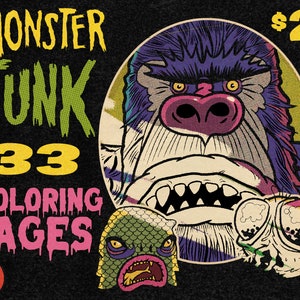May include: A set of 33 coloring pages featuring monster illustrations. The cover features a purple monster with yellow eyes and a pink nose. The text "Monster Funk" and "$2.00" are also visible.