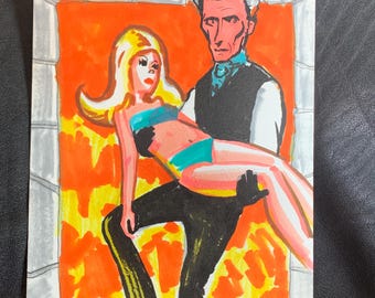 Artwork | Peter Cushing rescues a lady, Hammer Horror, Original color drawing