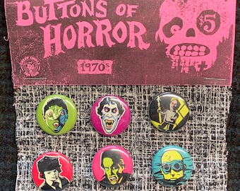 Horror Buttons - 1970s Theme, Set of 6 LTD Edition hand-made