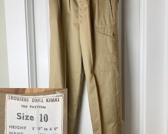 1950's British Army Khaki Drill Trousers, Original Vintage Pants, size UK 10