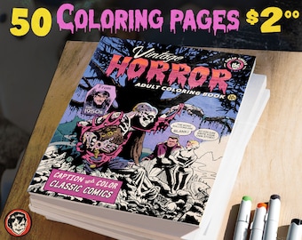 55 páginas digitales para adultos de cómics de terror vintage para colorear