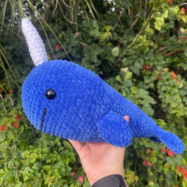 Finished Chunky Narwhal Plushie, Soft whale crochet amigurumi finished, Handmade Stuffed Animal Gift