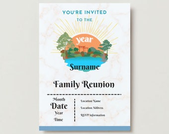 Family Reunion Invitation, Printable Digital Download Template, Orange and Blue Lake Scene, Asian Gazebo, Summer BBQ, Customizable Template