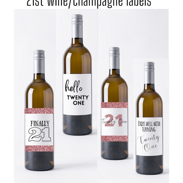 21st birthday wine and champagne labels , printable. Instant download .