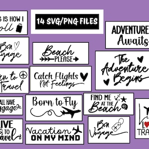 Lot de 14 fichiers de voyage SVG, PNG. Dossiers de voyage. Pour les étiquettes à bagages, les chemises, les sacs et plus encore. Fichiers découpés Cricut, étiquette de sac, accessoires de valise, cadeau