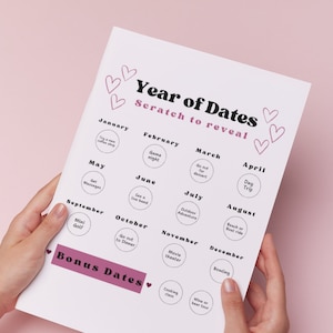 L'année des dates - cartes à gratter, imprimables, téléchargement immédiat. 12 mois de rendez-vous, idées de rendez-vous galants, cadeaux pour lui ou elle, cadeaux d'anniversaire