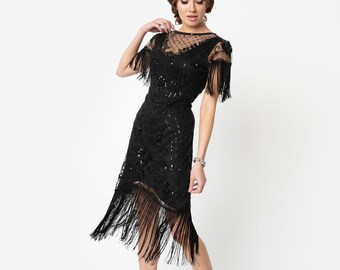 1920s Style Black Beaded Fringe Flapper Dress- S to XL