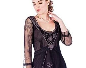 Downton Abbey Victorian Black Embroidered Mesh Dress- Sizes S to XL