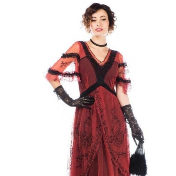 Burgandy Black Embroidered Mesh Titanic Dress- Sizes S to XL