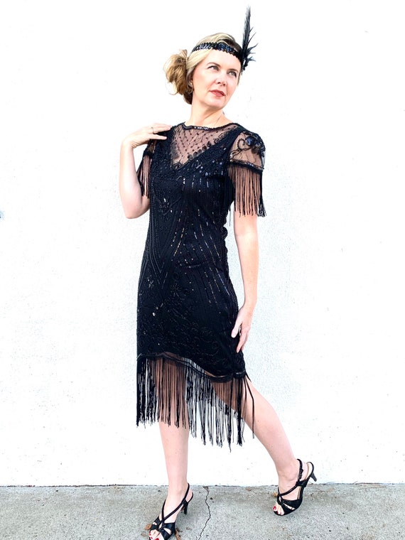 1920s Style Black Beaded Fringe Flapper Dress S to XL Etsy
